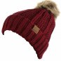Maroon Thick Cable Knit Faux Fuzzy Fur Pom Fleece Lined Skull Cap Cuff Beanie