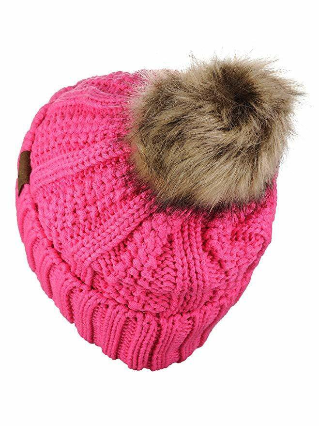 Candy Pink Thick Cable Knit Faux Fuzzy Fur Pom Fleece Lined Skull Cap Cuff Beanie