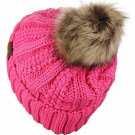 Candy Pink Thick Cable Knit Faux Fuzzy Fur Pom Fleece Lined Skull Cap Cuff Beanie