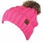 Candy Pink Thick Cable Knit Faux Fuzzy Fur Pom Fleece Lined Skull Cap Cuff Beanie