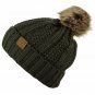 Dark Olive Thick Cable Knit Faux Fuzzy Fur Pom Fleece Lined Skull Cap Cuff Beanie