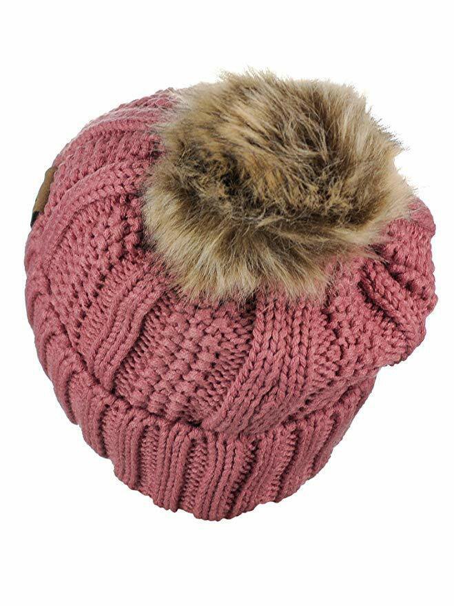 Mauve Thick Cable Knit Faux Fuzzy Fur Pom Fleece Lined Skull Cap Cuff Beanie