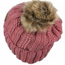 Mauve Thick Cable Knit Faux Fuzzy Fur Pom Fleece Lined Skull Cap Cuff Beanie