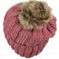 Mauve Thick Cable Knit Faux Fuzzy Fur Pom Fleece Lined Skull Cap Cuff Beanie