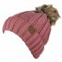 Mauve Thick Cable Knit Faux Fuzzy Fur Pom Fleece Lined Skull Cap Cuff Beanie