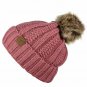 Mauve Thick Cable Knit Faux Fuzzy Fur Pom Fleece Lined Skull Cap Cuff Beanie