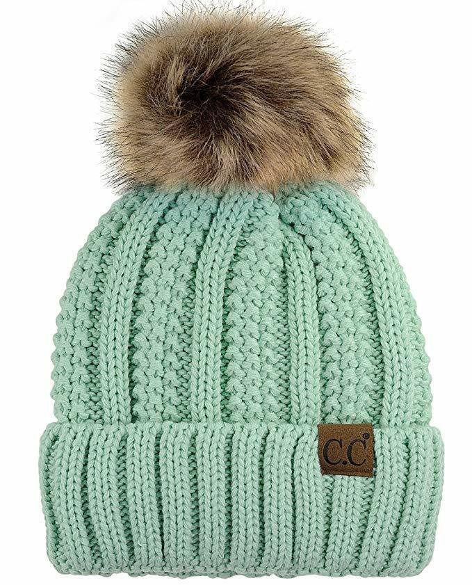 Mint Thick Cable Knit Faux Fuzzy Fur Pom Fleece Lined Skull Cap Cuff Beanie