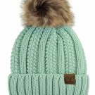 Mint Thick Cable Knit Faux Fuzzy Fur Pom Fleece Lined Skull Cap Cuff Beanie