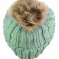 Mint Thick Cable Knit Faux Fuzzy Fur Pom Fleece Lined Skull Cap Cuff Beanie