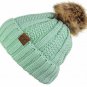 Mint Thick Cable Knit Faux Fuzzy Fur Pom Fleece Lined Skull Cap Cuff Beanie