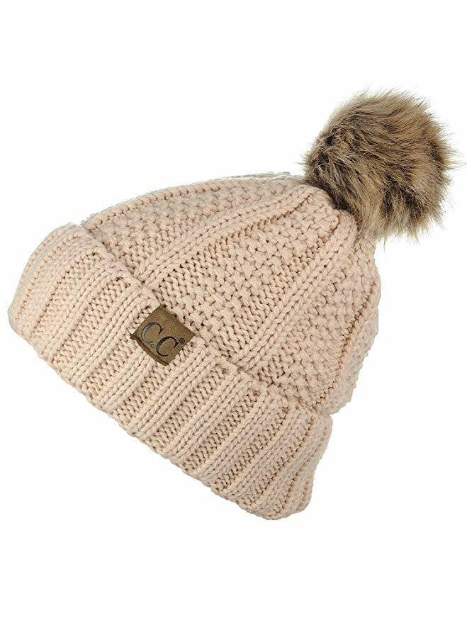 New Beige Thick Cable Knit Faux Fuzzy Fur Pom Fleece Lined Skull Cap Cuff Beanie