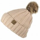 New Beige Thick Cable Knit Faux Fuzzy Fur Pom Fleece Lined Skull Cap Cuff Beanie