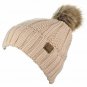 New Beige Thick Cable Knit Faux Fuzzy Fur Pom Fleece Lined Skull Cap Cuff Beanie