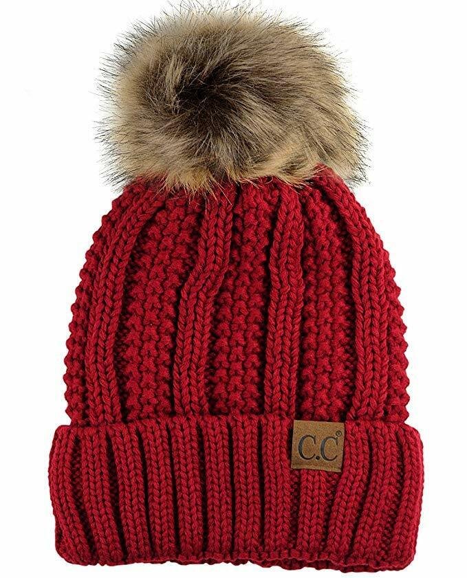 Red Thick Cable Knit Faux Fuzzy Fur Pom Fleece Lined Skull Cap Cuff Beanie