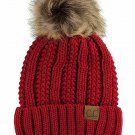 Red Thick Cable Knit Faux Fuzzy Fur Pom Fleece Lined Skull Cap Cuff Beanie