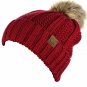Red Thick Cable Knit Faux Fuzzy Fur Pom Fleece Lined Skull Cap Cuff Beanie