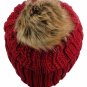 Red Thick Cable Knit Faux Fuzzy Fur Pom Fleece Lined Skull Cap Cuff Beanie