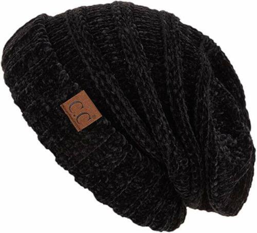 Black Chenille Solid Womens Oversized Slouchy Hat Ribbed Knit Warm Beanie