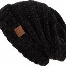 Black Chenille Solid Womens Oversized Slouchy Hat Ribbed Knit Warm Beanie
