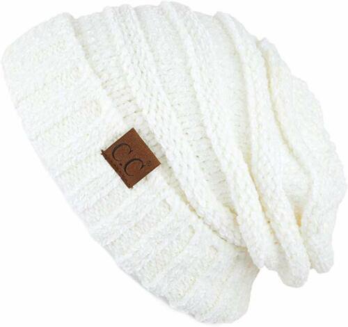 Ivory Chenille Solid Womens Oversized Slouchy Hat Ribbed Knit Warm Beanie