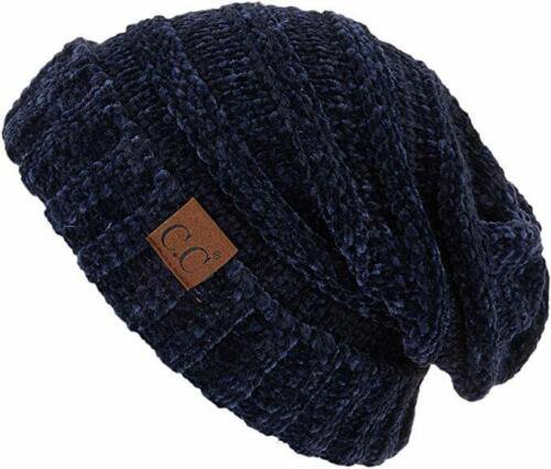 Navy Chenille Solid Womens Oversized Slouchy Hat Ribbed Knit Warm Beanie