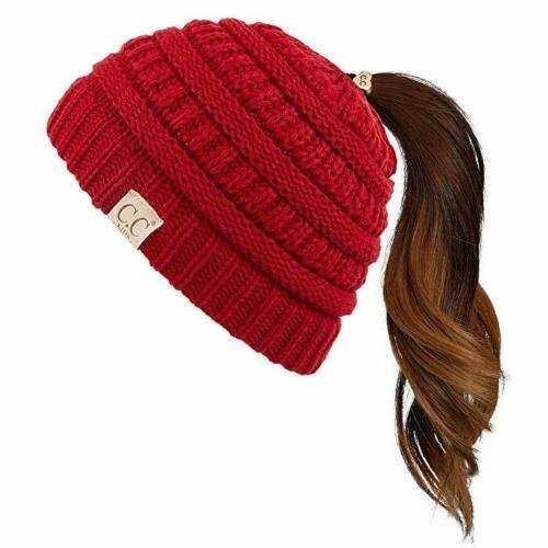Red Kids Soft Stretch Cable Knit Messy High Bun Ponytail Beanie