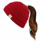 Red Kids Soft Stretch Cable Knit Messy High Bun Ponytail Beanie