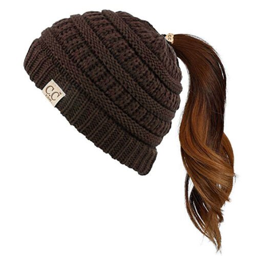 Brown Kids Soft Stretch Cable Knit Messy High Bun Ponytail Beanie