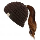 Brown Kids Soft Stretch Cable Knit Messy High Bun Ponytail Beanie