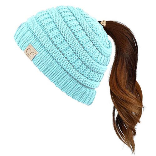 Mint Kids Soft Stretch Cable Knit Messy High Bun Ponytail Beanie