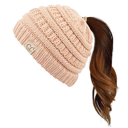 Camel Kids Soft Stretch Cable Knit Messy High Bun Ponytail Beanie
