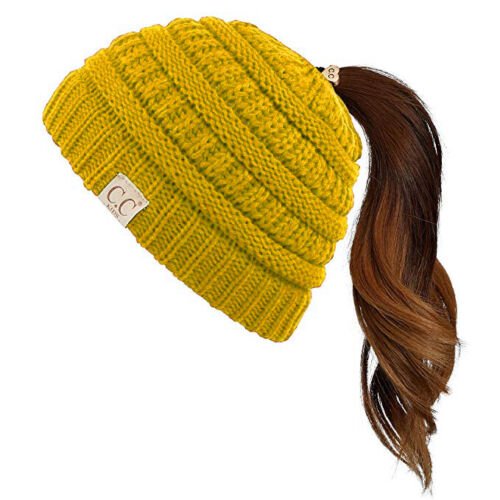 Mustard Kids Soft Stretch Cable Knit Messy High Bun Ponytail Beanie