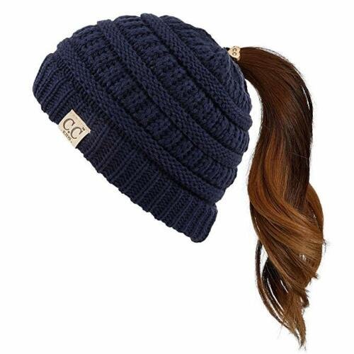 Navy Kids Soft Stretch Cable Knit Messy High Bun Ponytail Beanie