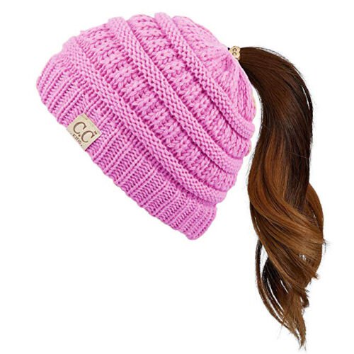Lavender Kids Soft Stretch Cable Knit Messy High Bun Ponytail Beanie