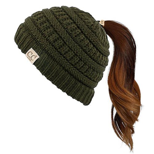 Dark Olive Kids Soft Stretch Cable Knit Messy High Bun Ponytail Beanie