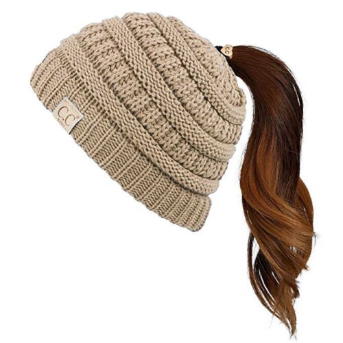 Taupe Kids Soft Stretch Cable Knit Messy High Bun Ponytail Beanie