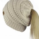 Beige Adult Soft Stretch Cable Knit Messy High Bun Ponytail Beanie
