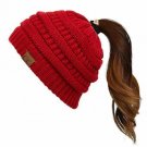 Red Adult Soft Stretch Cable Knit Messy High Bun Ponytail Beanie