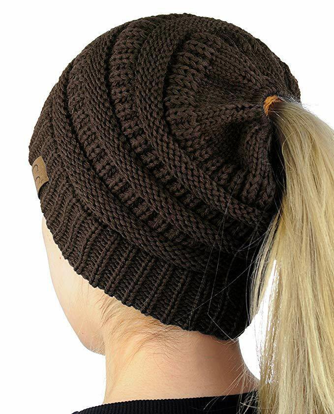 Brown Adult Soft Stretch Cable Knit Messy High Bun Ponytail Beanie