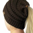 Brown Adult Soft Stretch Cable Knit Messy High Bun Ponytail Beanie
