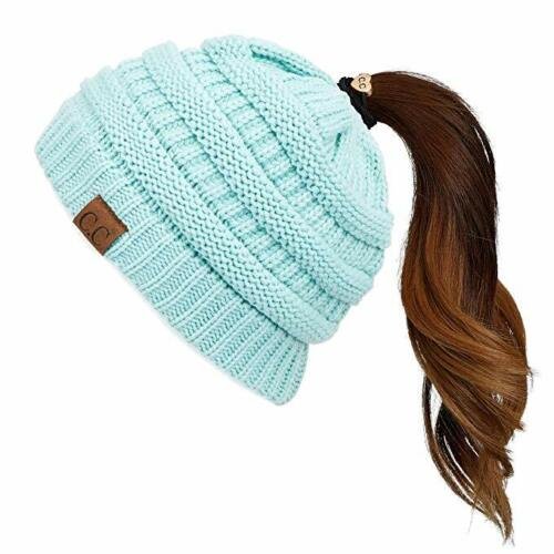 Mint Adult Soft Stretch Cable Knit Messy High Bun Ponytail Beanie