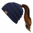 Navy Adult Soft Stretch Cable Knit Messy High Bun Ponytail Beanie