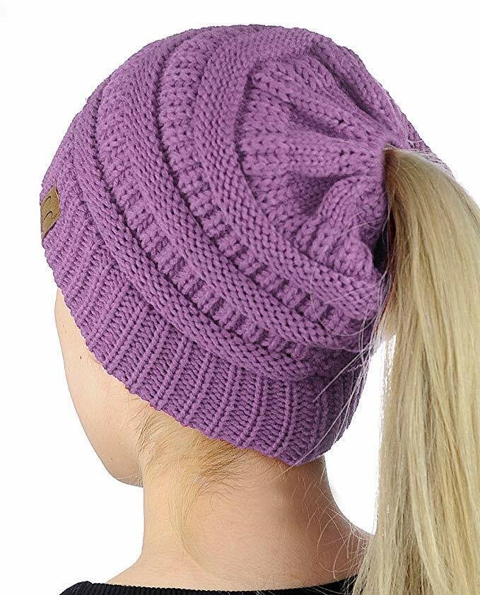 Lavender Adult Soft Stretch Cable Knit Messy High Bun Ponytail Beanie
