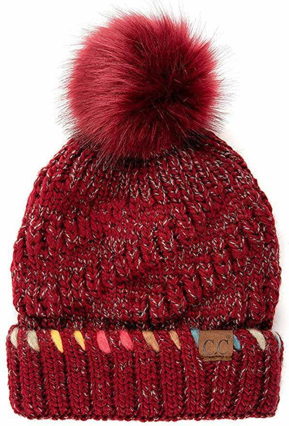 Burgundy Thick Cable Knit OMBRE Dyed Accent Yarn Fuzzy Fur Pom Fleece Lined BEANIE