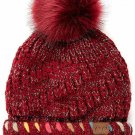 Burgundy Thick Cable Knit OMBRE Dyed Accent Yarn Fuzzy Fur Pom Fleece Lined BEANIE