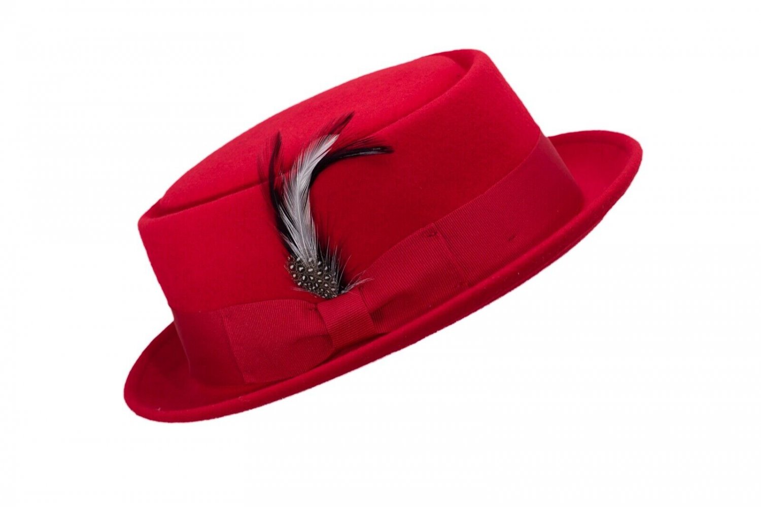 Red S/M Mens Crushable 100% Wool Porkpie Hat with Feather