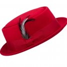Red S/M Mens Crushable 100% Wool Porkpie Hat with Feather