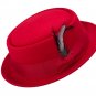 Red S/M Mens Crushable 100% Wool Porkpie Hat with Feather