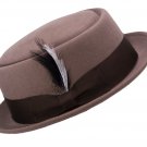 Khaki S/M Mens Crushable 100% Wool Porkpie Hat with Feather