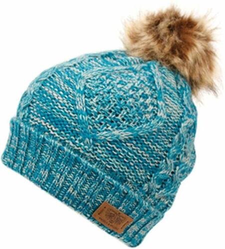 Multi Teal Women's Winter Fleece Fuzzy Lined Cable Knitted Pom Pom Cold Beanie
